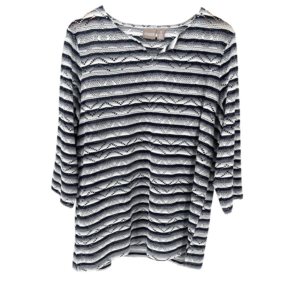Chico's Tunic Top Womens XL Open Knit Pullover Blue White V-Neck Shirt